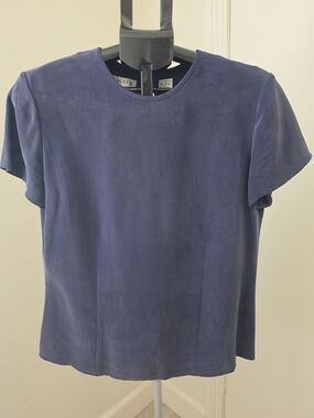 CHAUS 100% Silk Keyhole Blouse Short Sleeve Blue Size 8